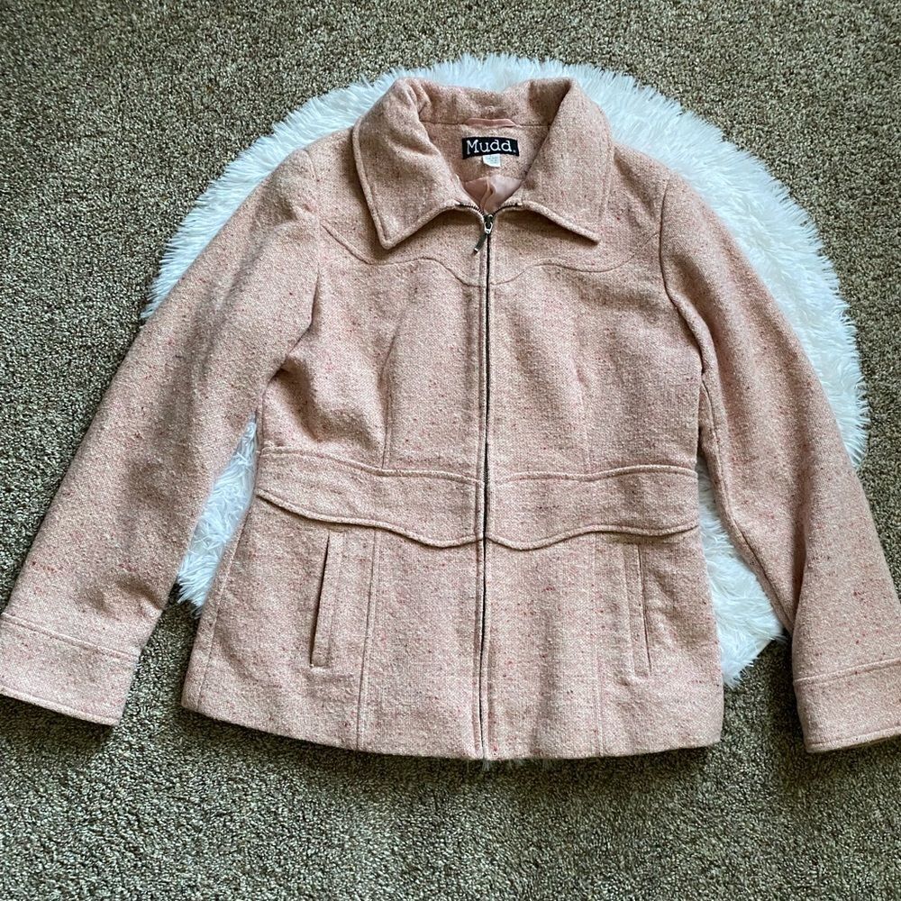 Mudd Vintage Wool‎ Blend Pink Tweed Jacket Coat Womens Size Large Pockets Lined